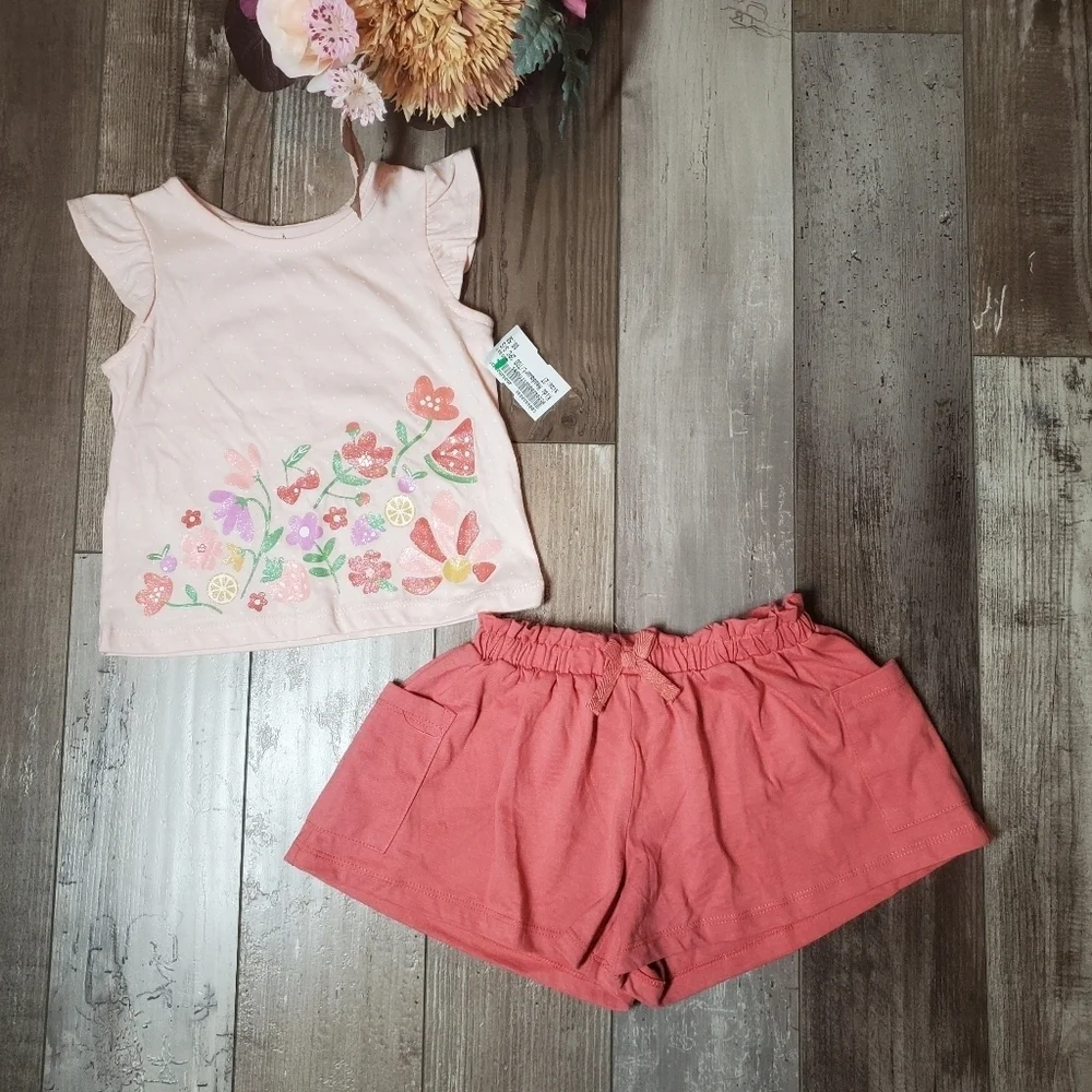 NWT Kids Headquarters 2Pc Pink Toddler Girl Outfit Shimmery Floral Summer